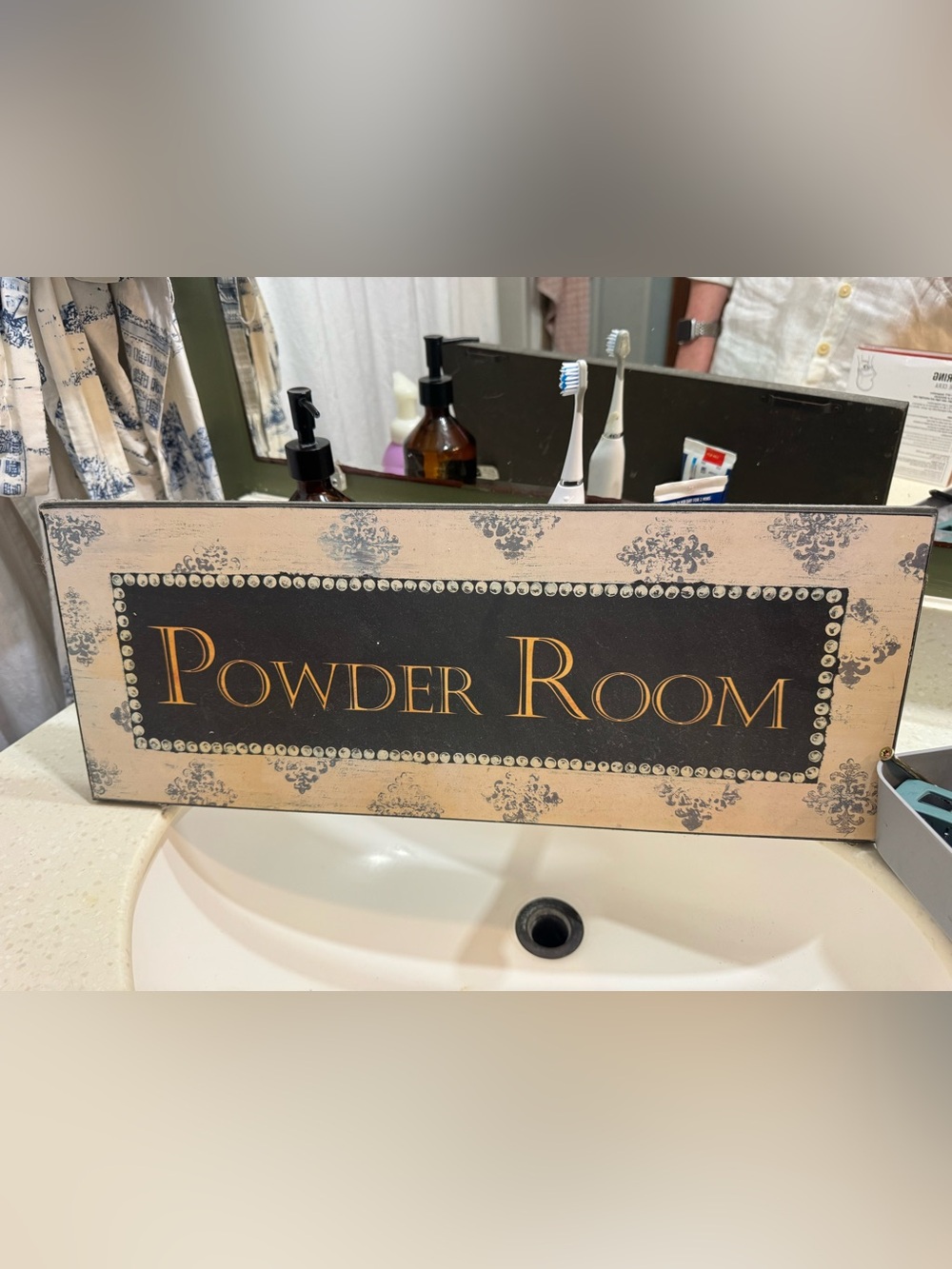 Powder Room Wall Sign - Beige and Black Decorative Bathroom Plaque